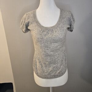 Women’s 100% Cashmere Short Sleeve Sweater Gray Puff Sleeve Scoop Neck Layering